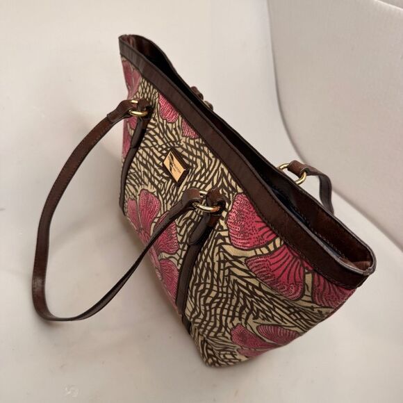 Tommy Hilfiger Pink Floral Canvas Tote Bag Brown Leather Accents 17"x10"x5" EUC - Picture 7 of 16